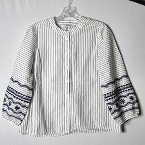 Madewell Womens Striped Embroidered Sleeve Top Small White Blue Button Down